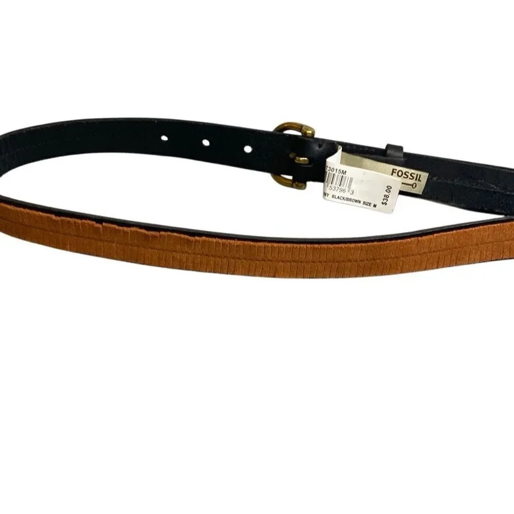 NEW Fossil Leather Belt Fringe Skinny Black Brown Size Medium Womens
